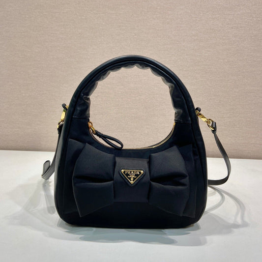Bow Hobo Bag 22 in Black Re-nylon and Lambskin