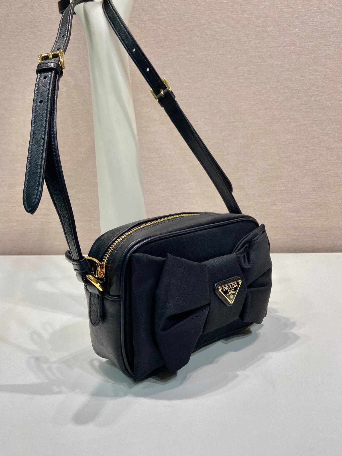 Bow Bag 18 in Black Re-nylon and Lambskin