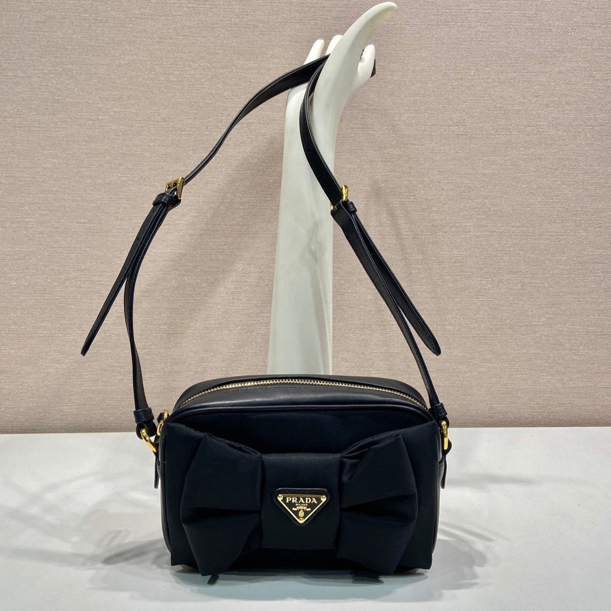 Bow Bag 18 in Black Re-nylon and Lambskin