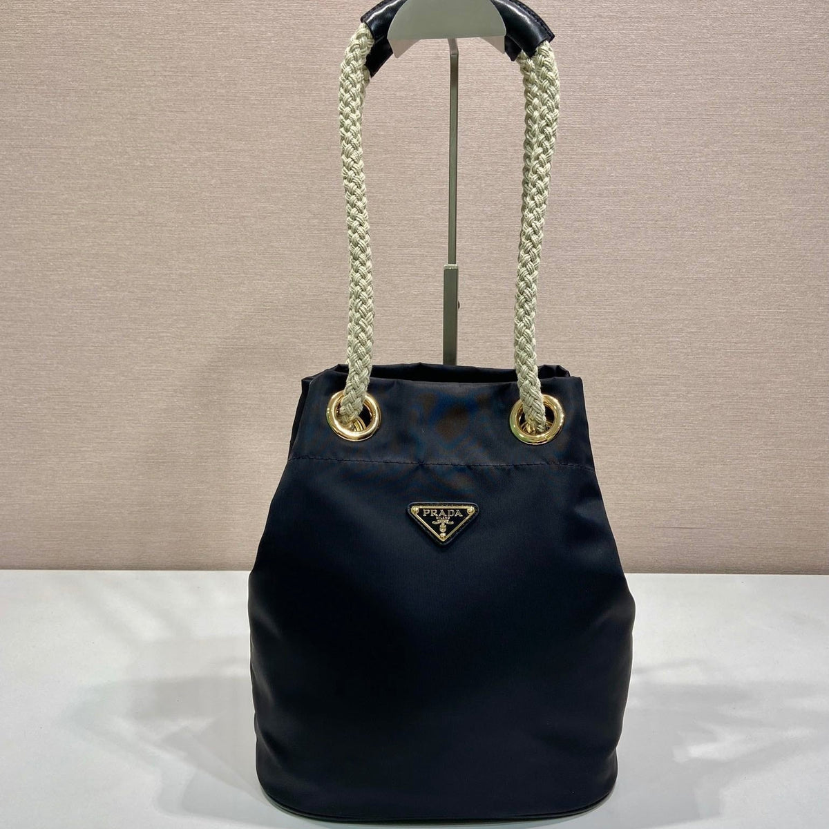 Bucket Bag 28 in Black Re-nylon Gold Logo
