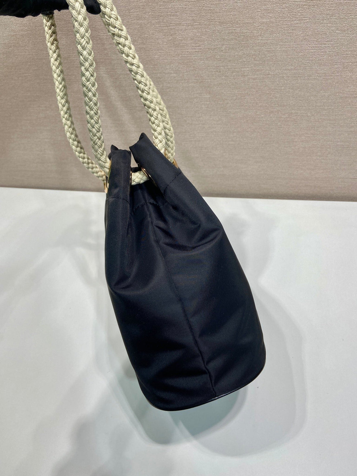 Bucket Bag 28 in Black Re-nylon Gold Logo