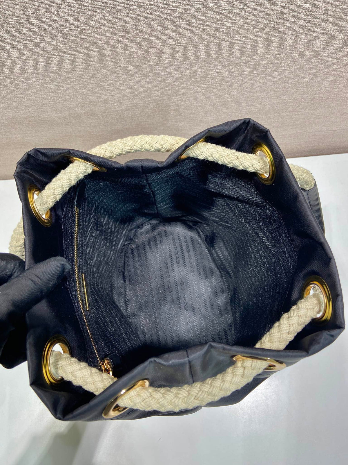 Bucket Bag 28 in Black Re-nylon Gold Logo