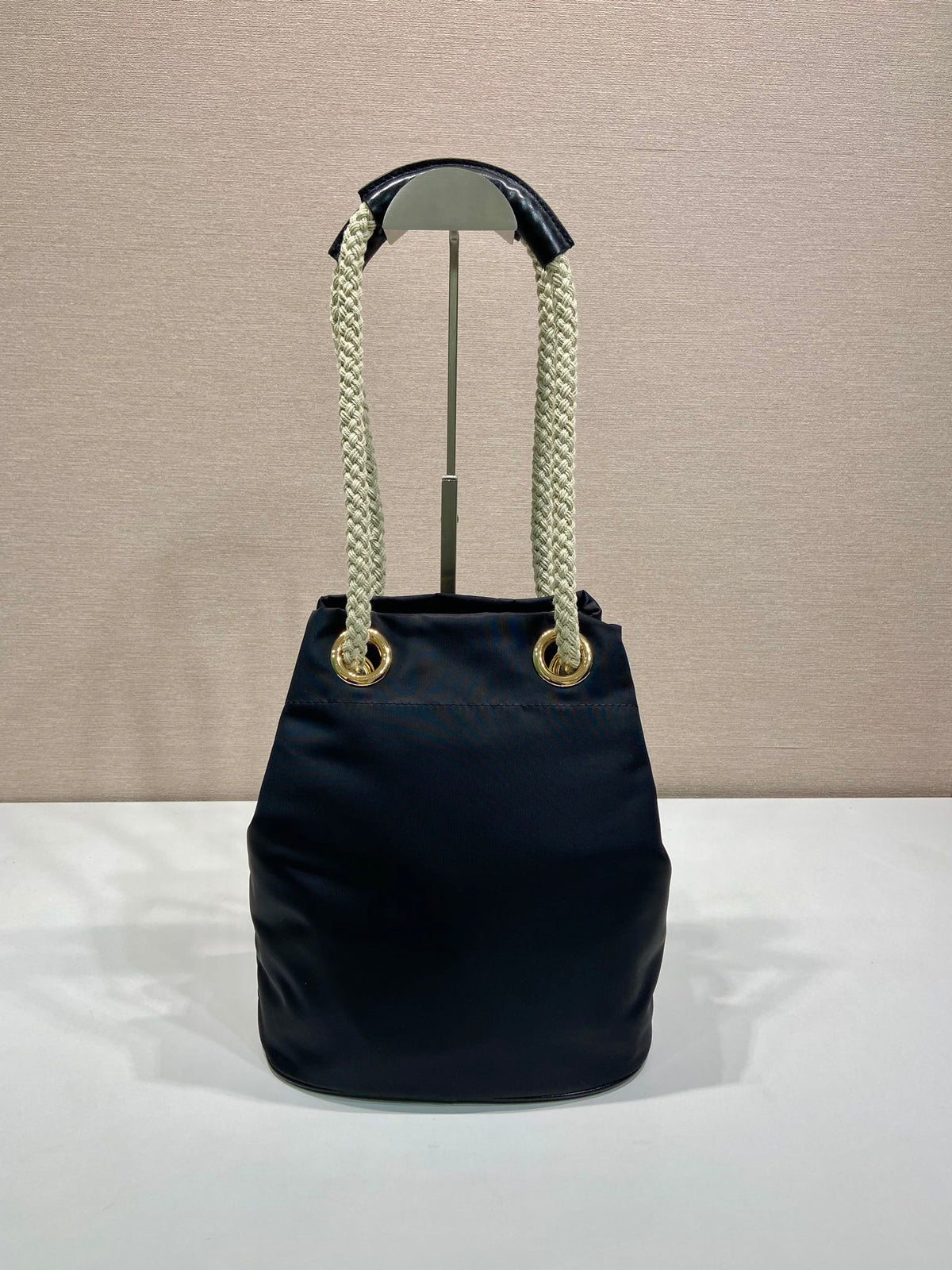 Bucket Bag 28 in Black Re-nylon Gold Logo