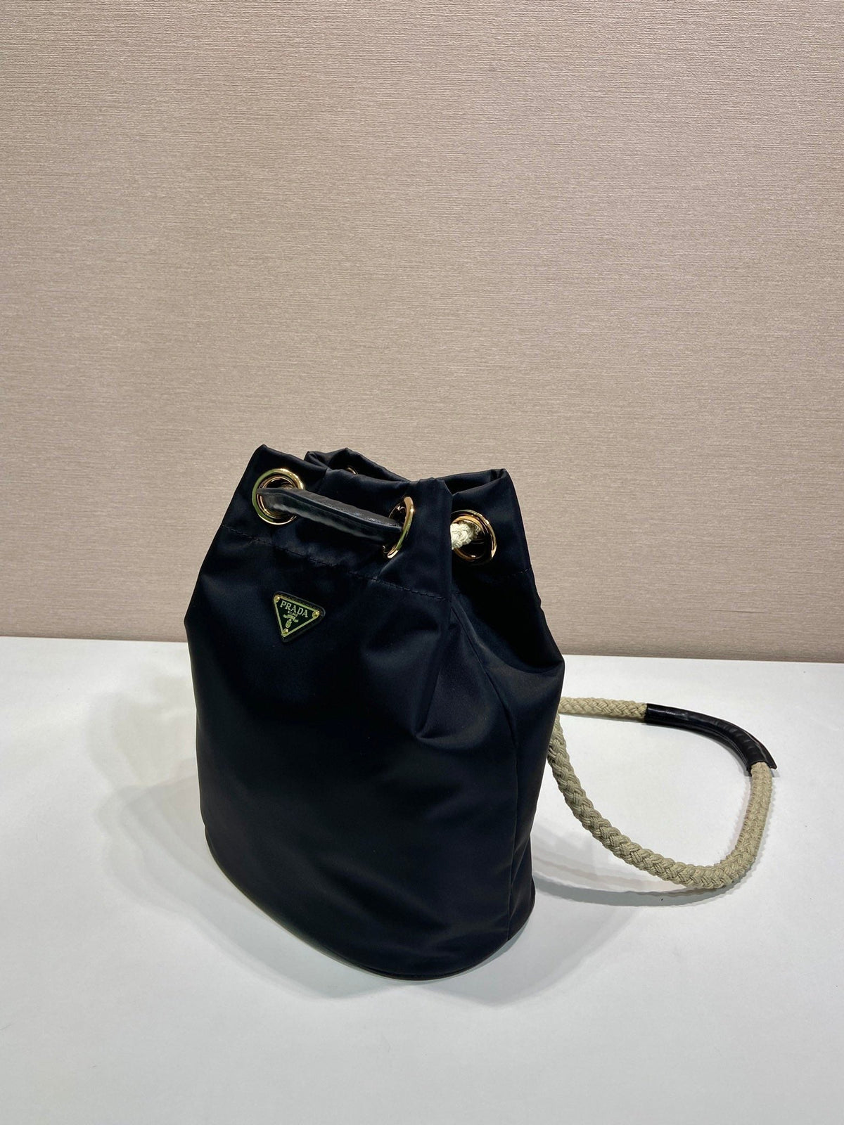 Bucket Bag 28 in Black Re-nylon Gold Logo