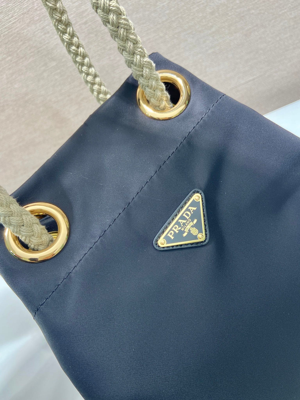 Bucket Bag 28 in Black Re-nylon Gold Logo