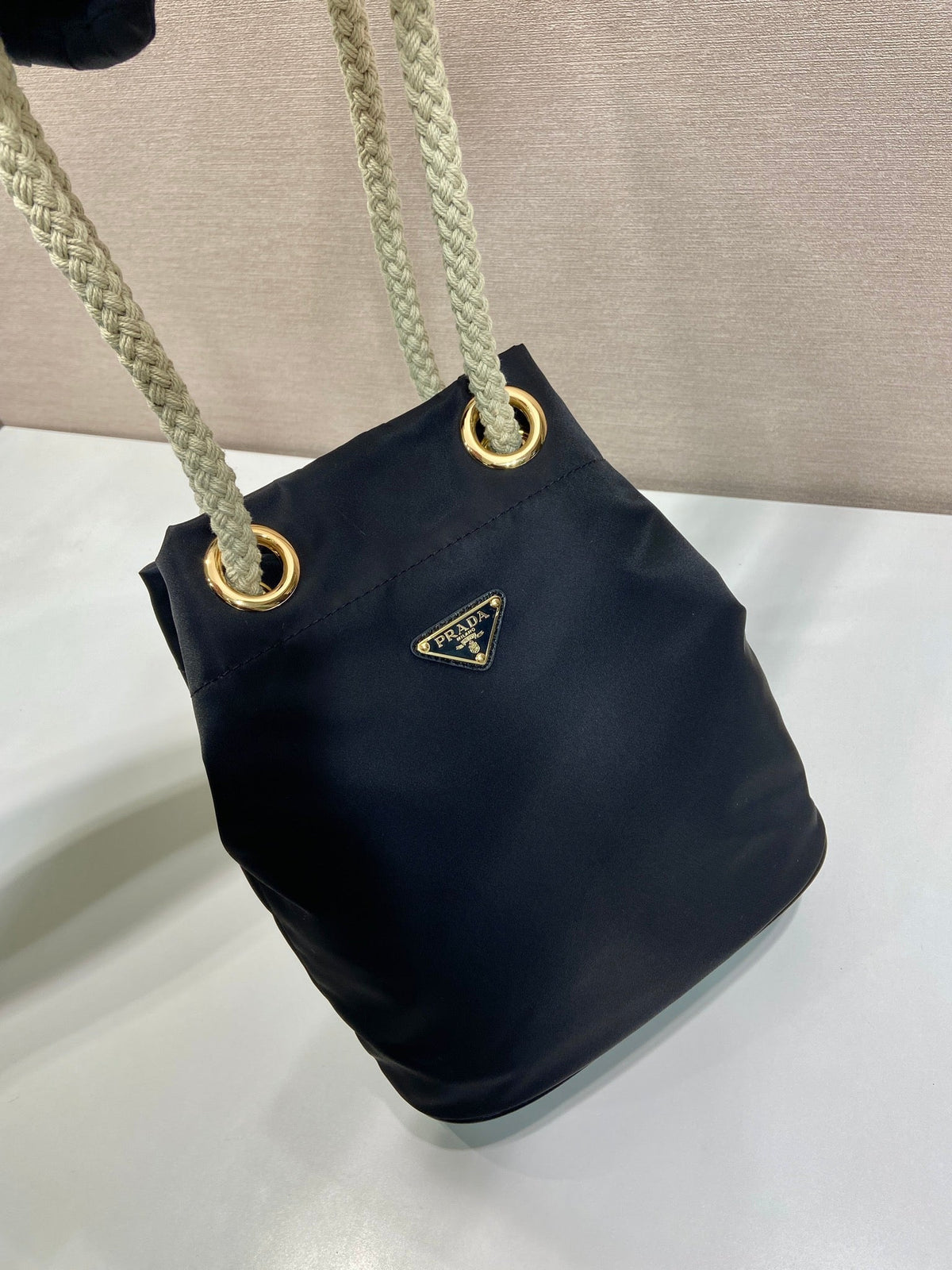Bucket Bag 28 in Black Re-nylon Gold Logo