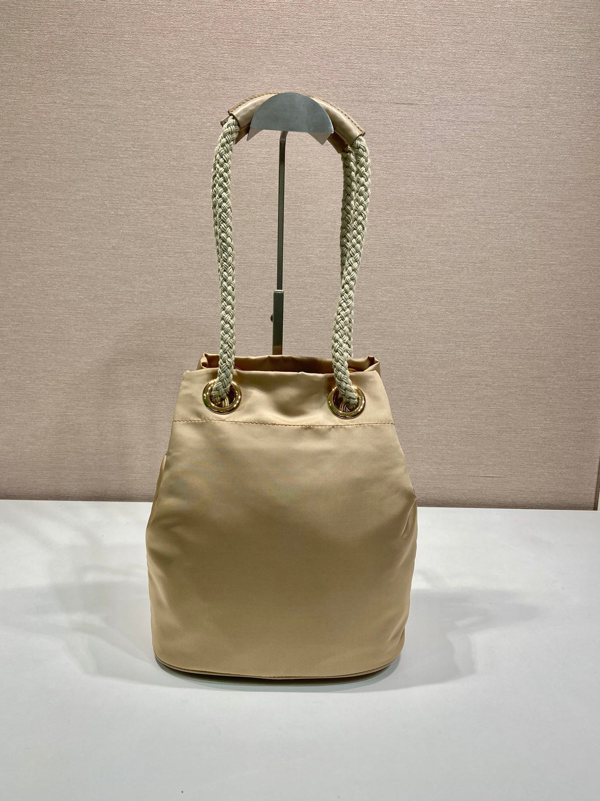 Bucket Bag 28 in Beige Re-nylon Gold Logo