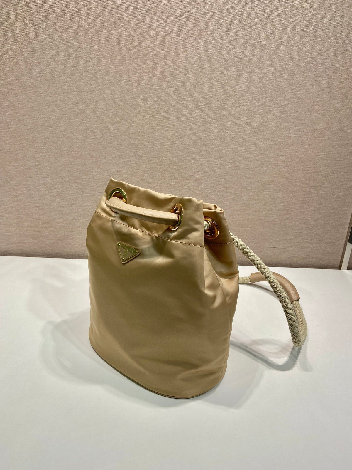 Bucket Bag 28 in Beige Re-nylon Gold Logo