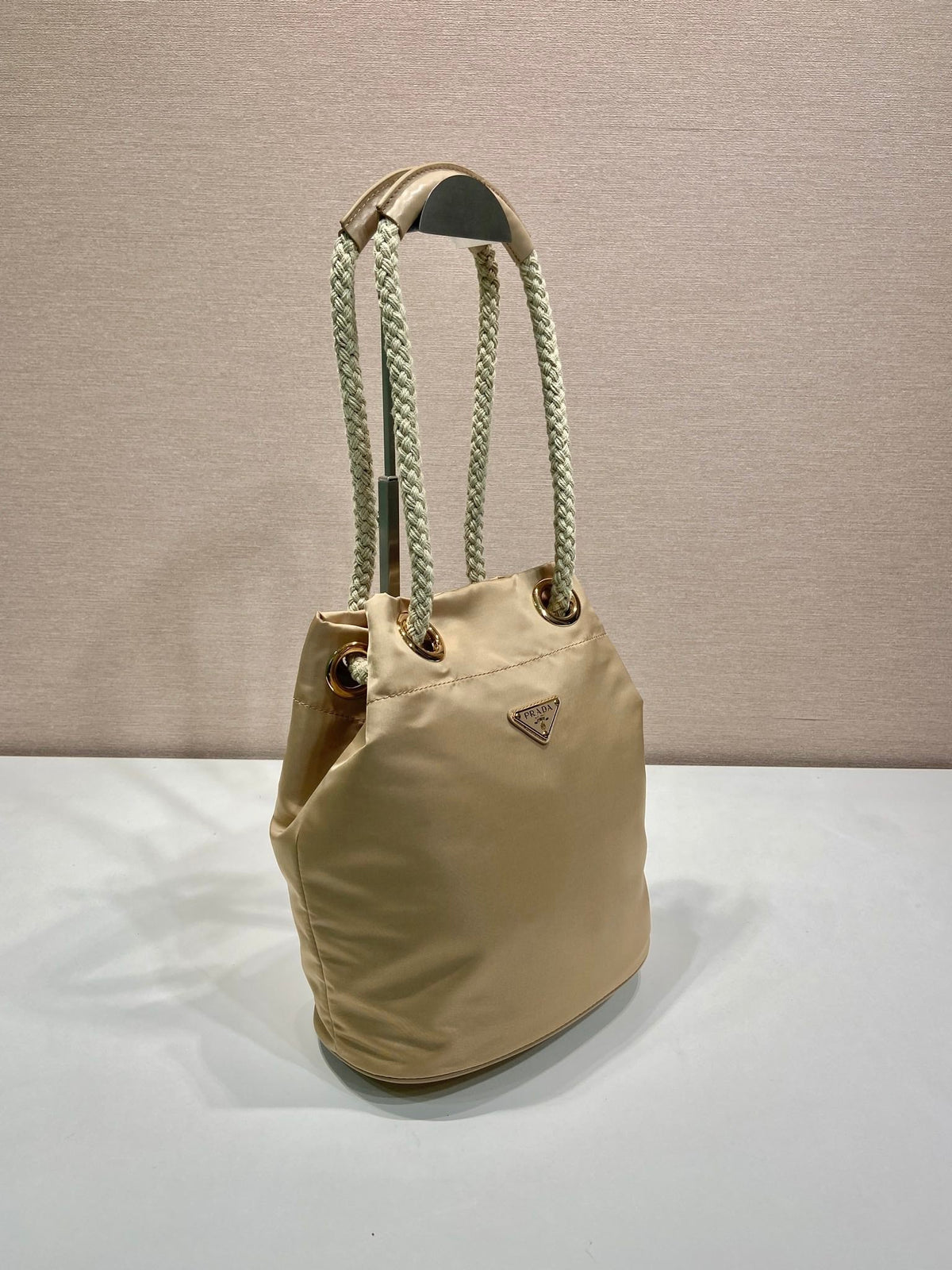 Bucket Bag 28 in Beige Re-nylon Gold Logo