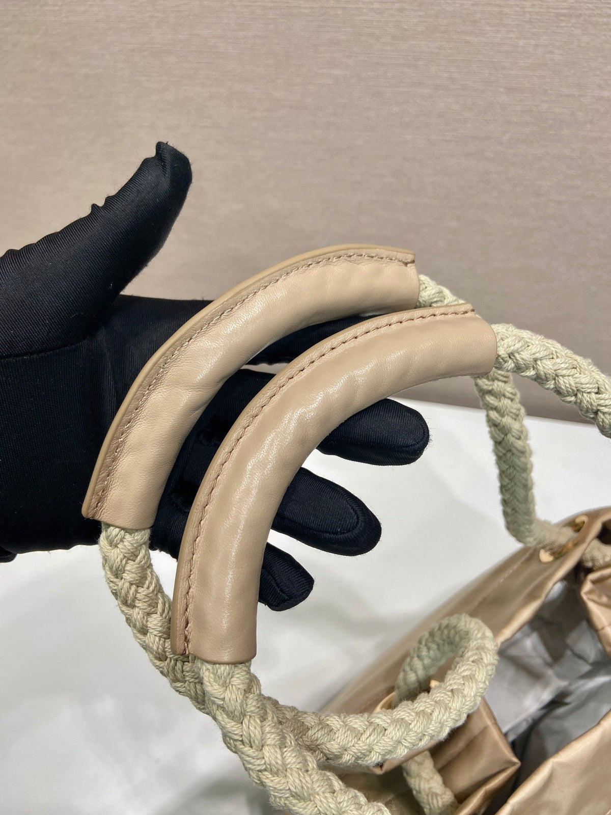 Bucket Bag 28 in Beige Re-nylon Gold Logo