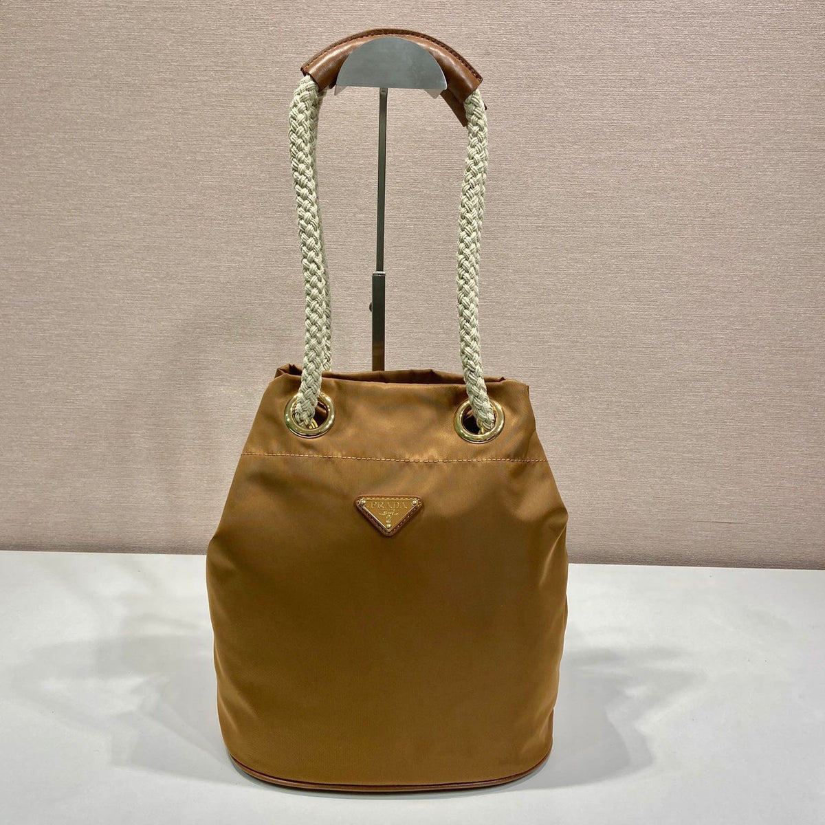 Bucket Bag 28 in Sepia Brown Re-nylon Gold Logo