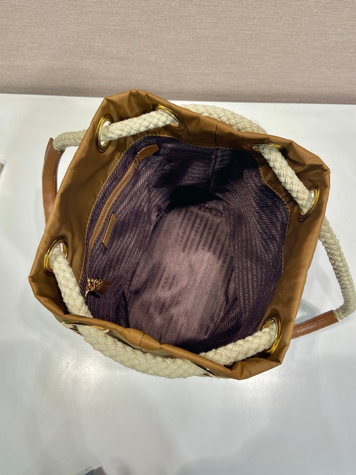 Bucket Bag 28 in Sepia Brown Re-nylon Gold Logo