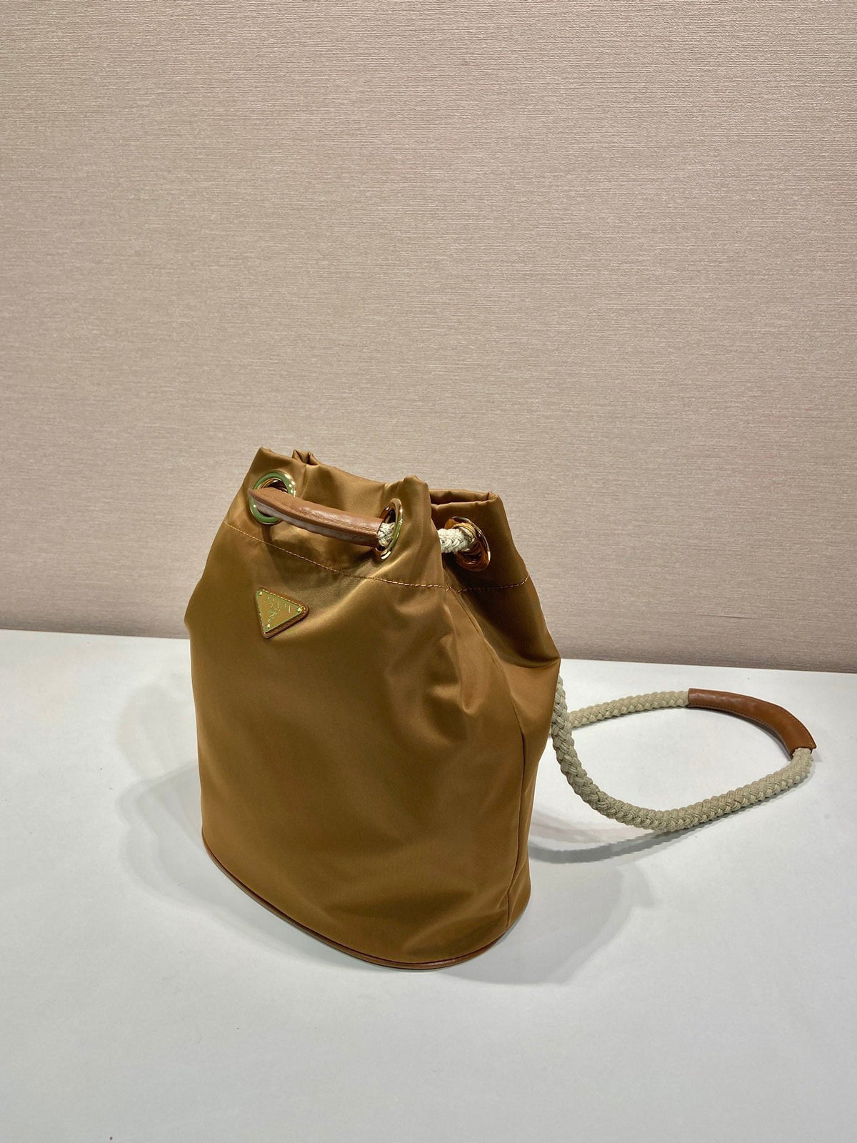 Bucket Bag 28 in Sepia Brown Re-nylon Gold Logo