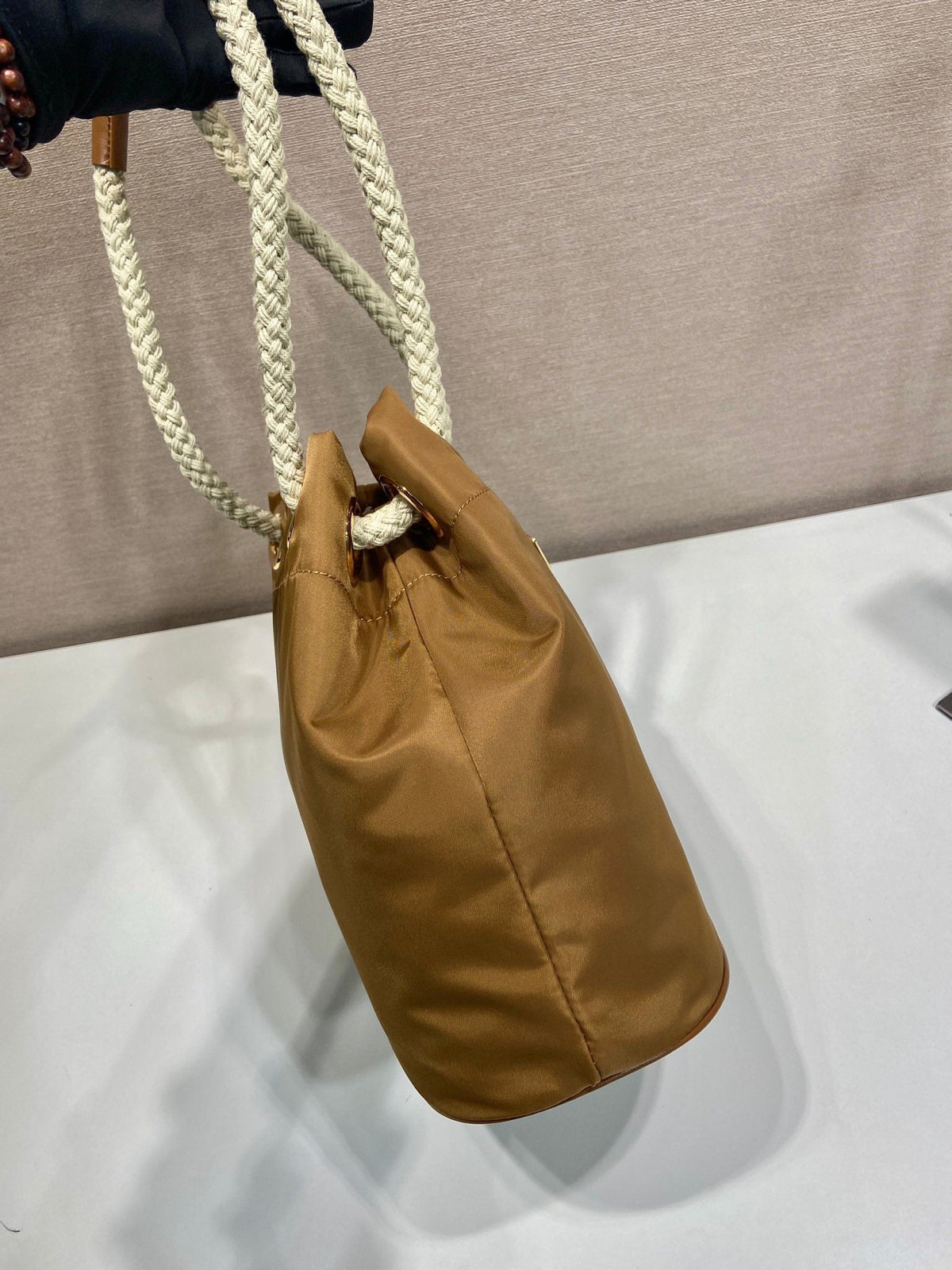 Bucket Bag 28 in Sepia Brown Re-nylon Gold Logo