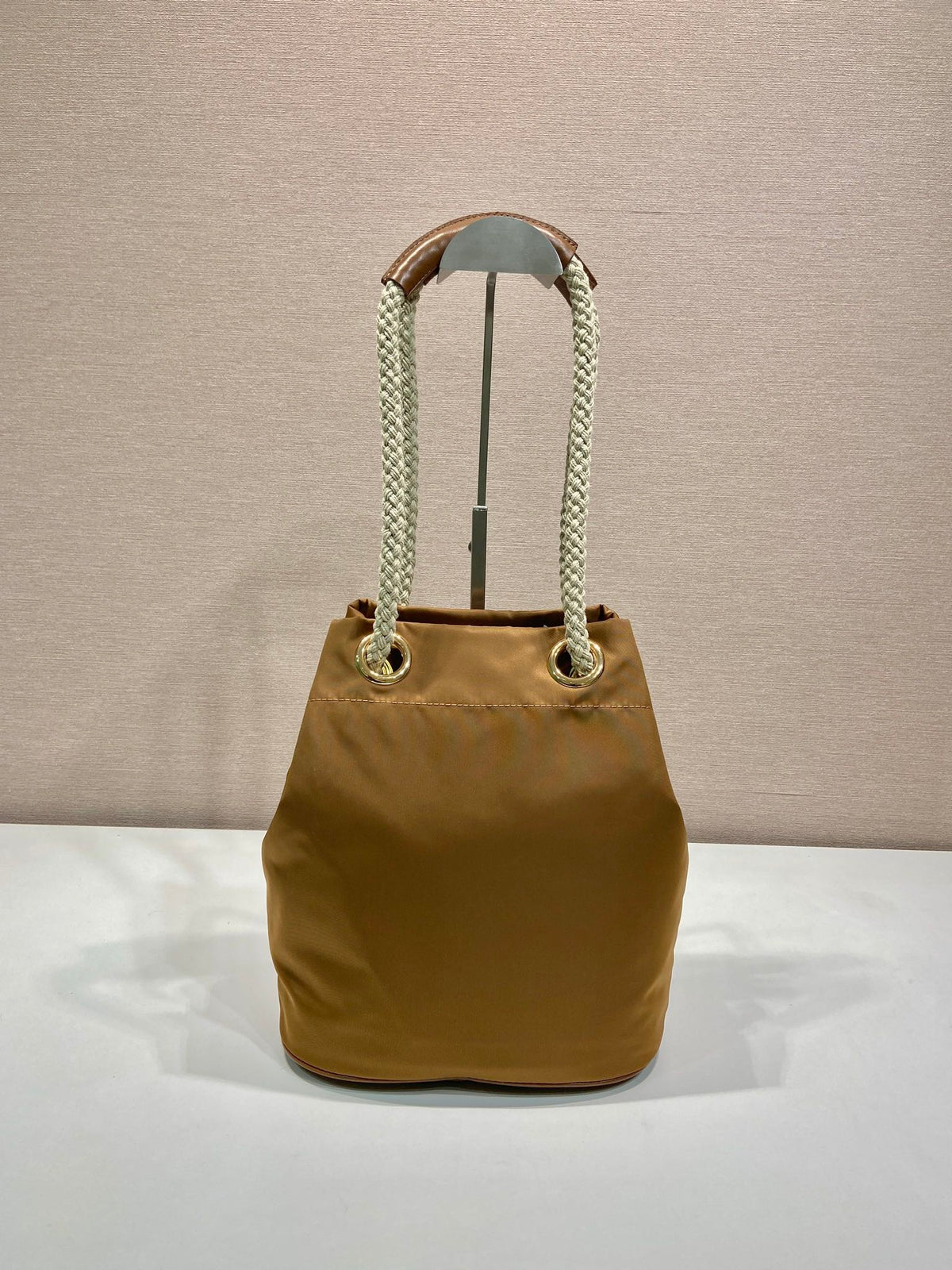 Bucket Bag 28 in Sepia Brown Re-nylon Gold Logo