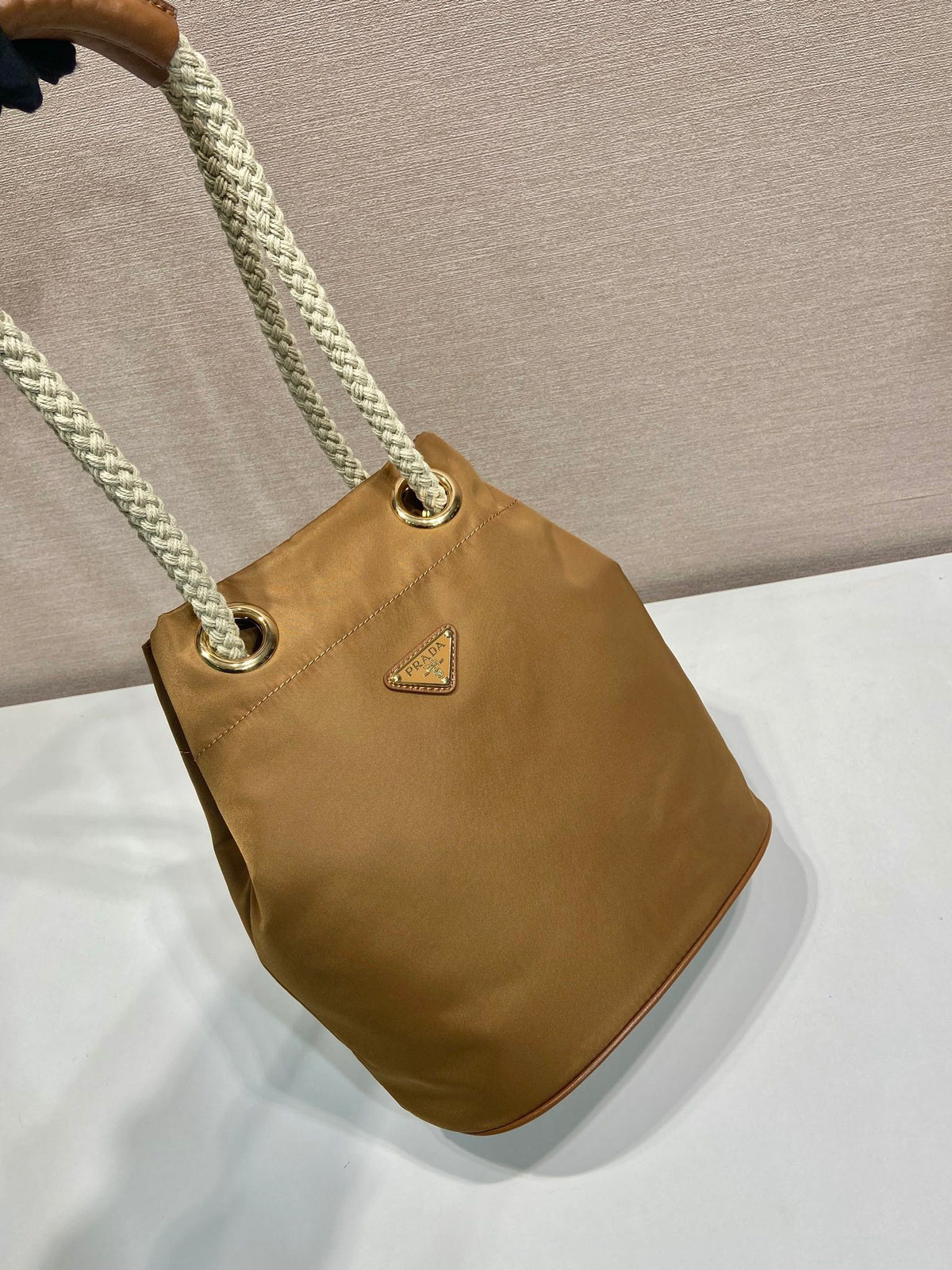 Bucket Bag 28 in Sepia Brown Re-nylon Gold Logo