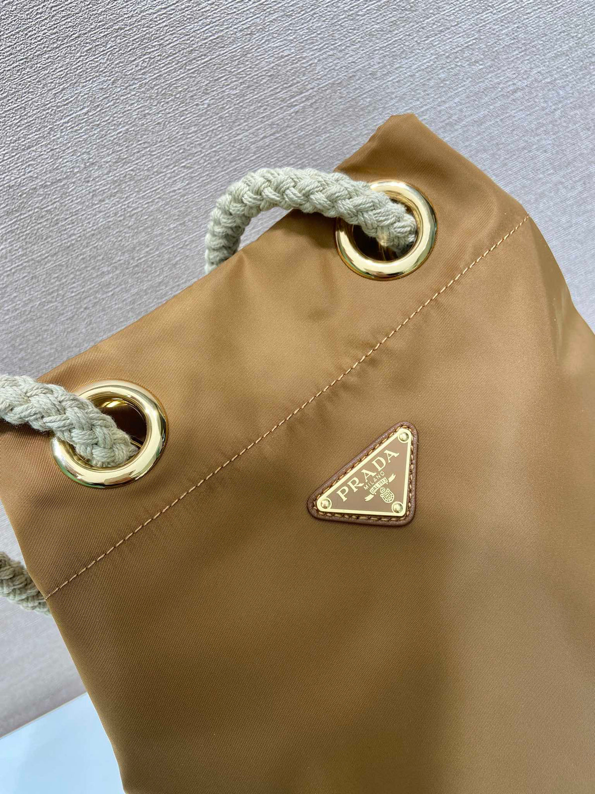 Bucket Bag 28 in Sepia Brown Re-nylon Gold Logo