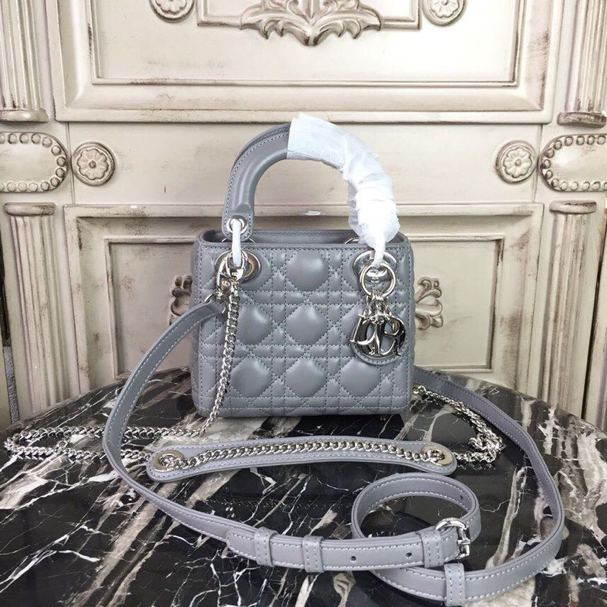 Christian Dior Mini Lady Dior Bag 18cm with Chain Silver Hardware Lambskin Leather Spring/Summer Collection, Grey – product…
