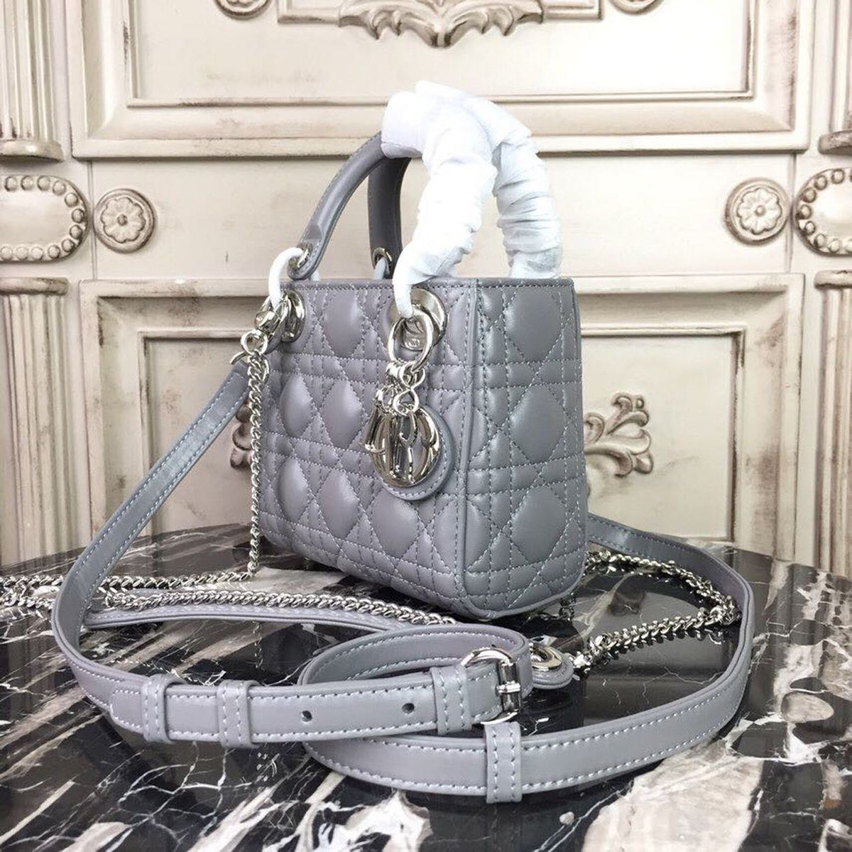 Christian Dior Mini Lady Dior Bag 18cm with Chain Silver Hardware Lambskin Leather Spring/Summer Collection, Grey – product…