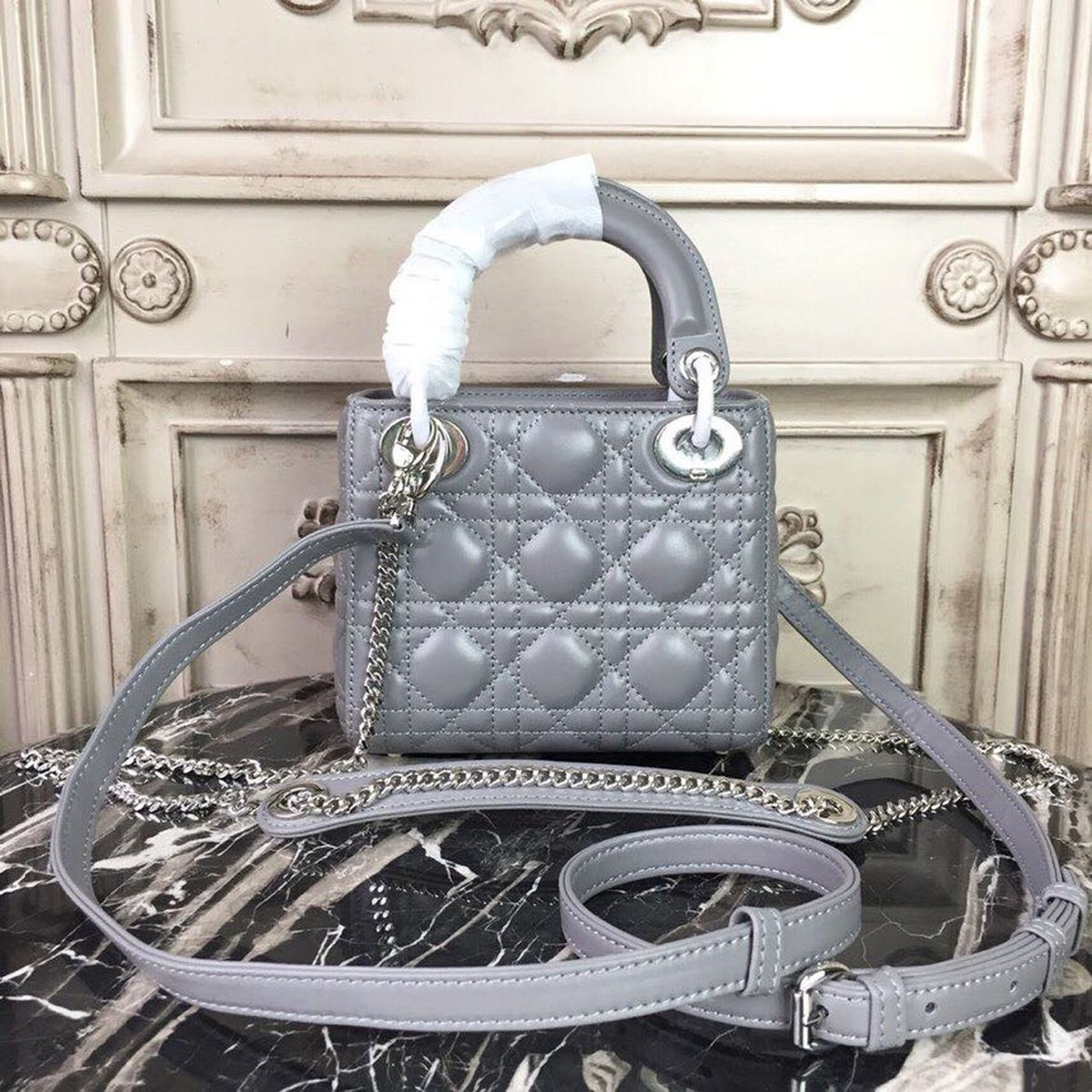 Christian Dior Mini Lady Dior Bag 18cm with Chain Silver Hardware Lambskin Leather Spring/Summer Collection, Grey – product…