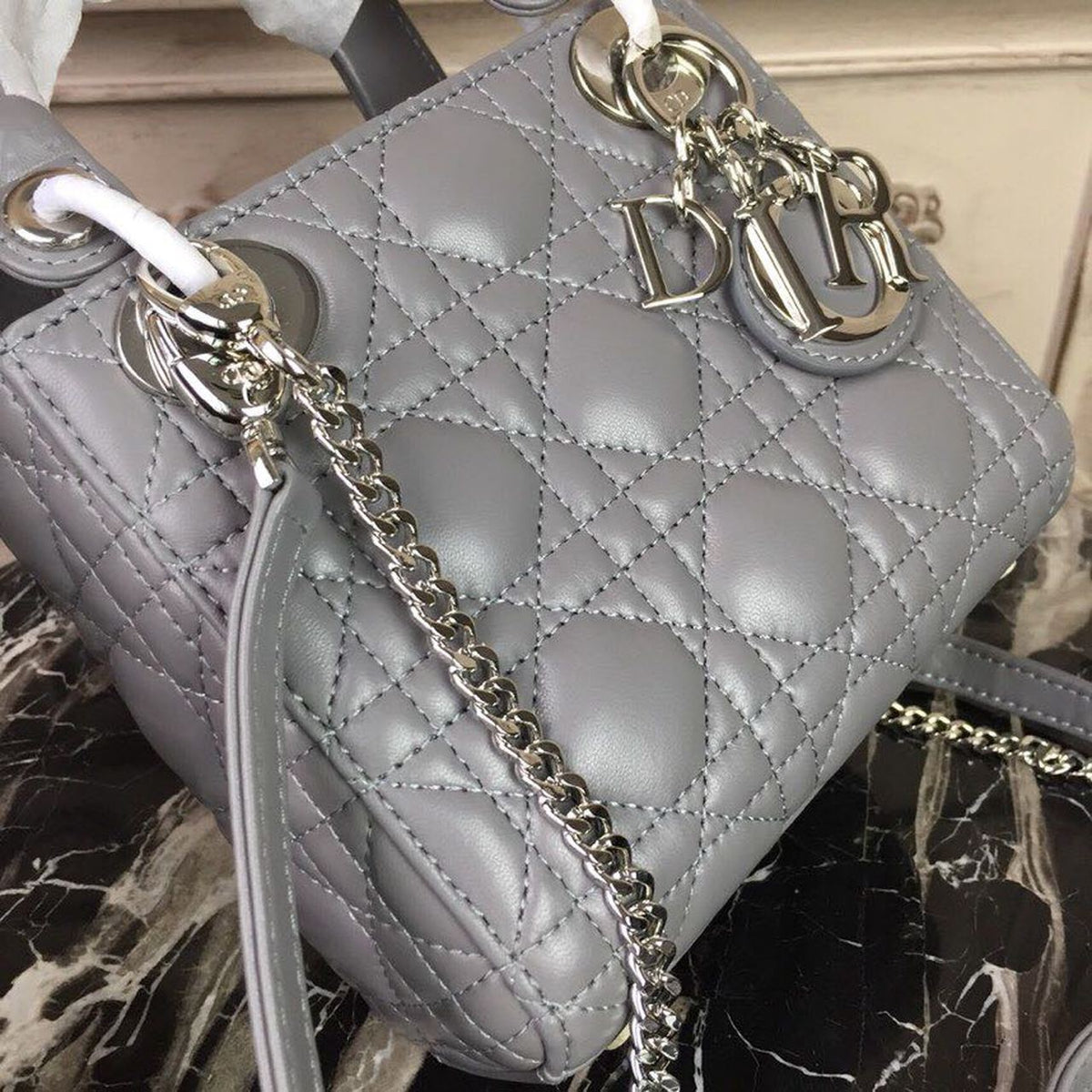 Christian Dior Mini Lady Dior Bag 18cm with Chain Silver Hardware Lambskin Leather Spring/Summer Collection, Grey – product…
