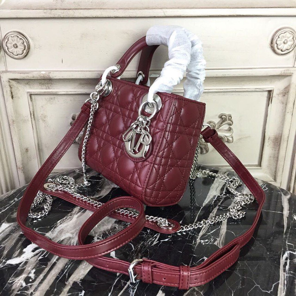 Christian Dior Mini Lady Dior Bag 18cm with Chain Silver Hardware Lambskin Leather Spring/Summer Collection, Burgundy –…