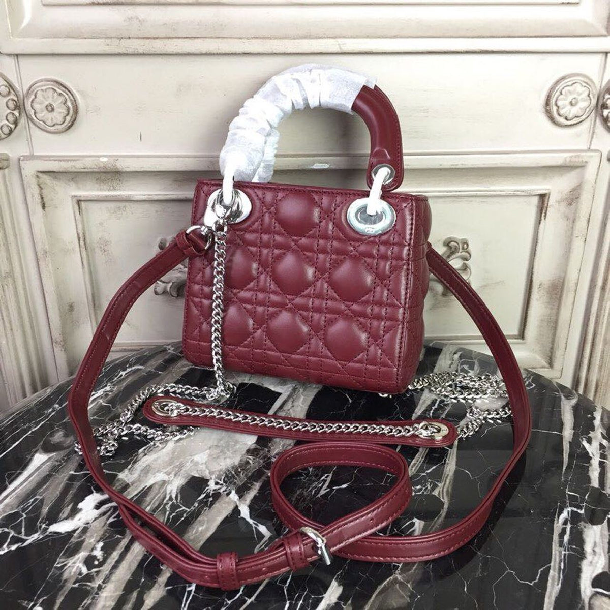 Christian Dior Mini Lady Dior Bag 18cm with Chain Silver Hardware Lambskin Leather Spring/Summer Collection, Burgundy –…