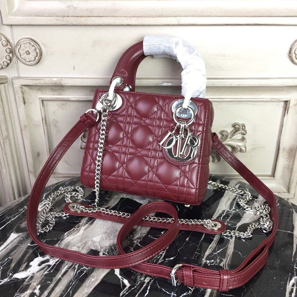 Christian Dior Mini Lady Dior Bag 18cm with Chain Silver Hardware Lambskin Leather Spring/Summer Collection, Burgundy –…
