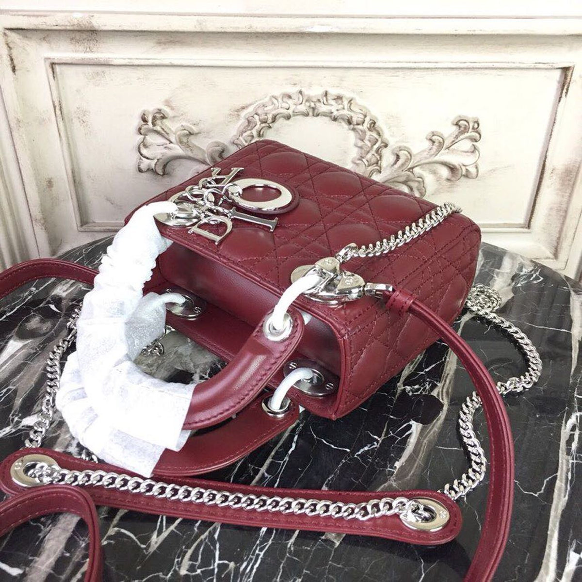 Christian Dior Mini Lady Dior Bag 18cm with Chain Silver Hardware Lambskin Leather Spring/Summer Collection, Burgundy –…