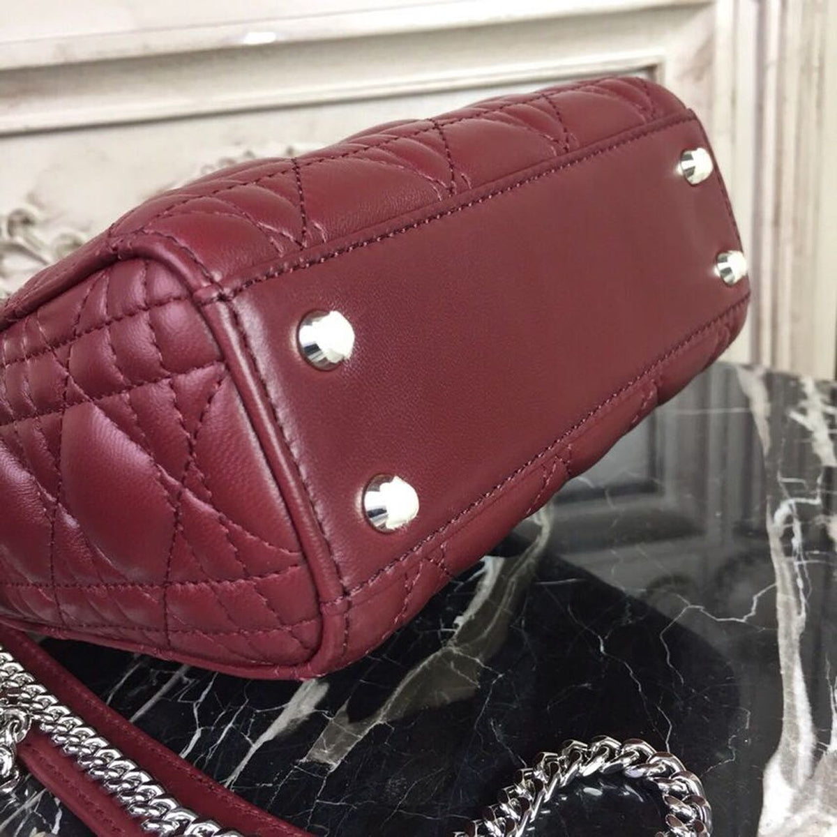 Christian Dior Mini Lady Dior Bag 18cm with Chain Silver Hardware Lambskin Leather Spring/Summer Collection, Burgundy –…