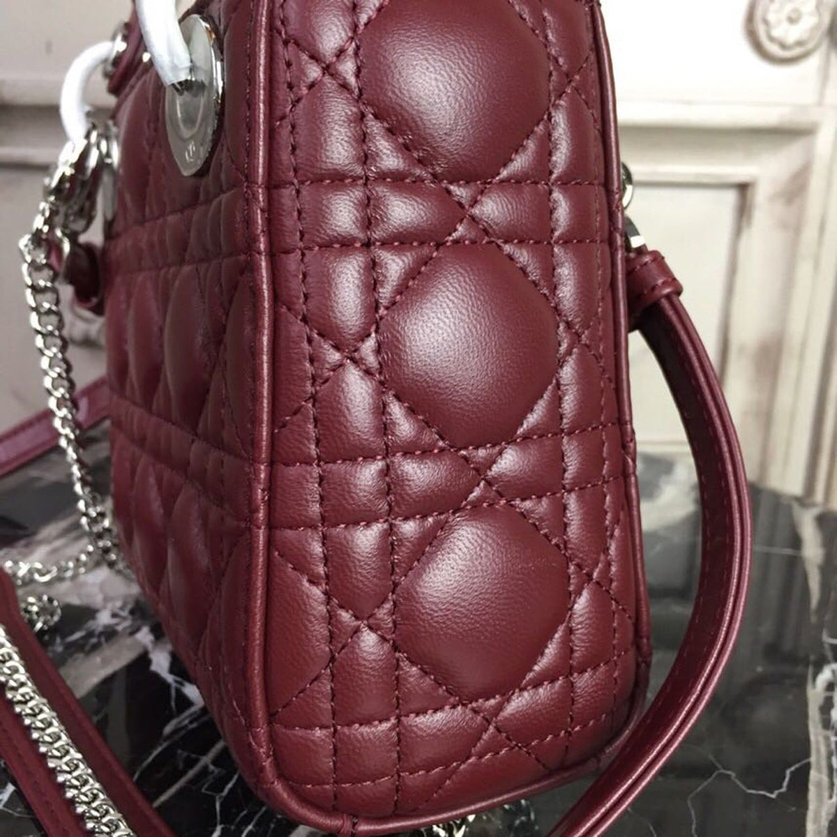Christian Dior Mini Lady Dior Bag 18cm with Chain Silver Hardware Lambskin Leather Spring/Summer Collection, Burgundy –…