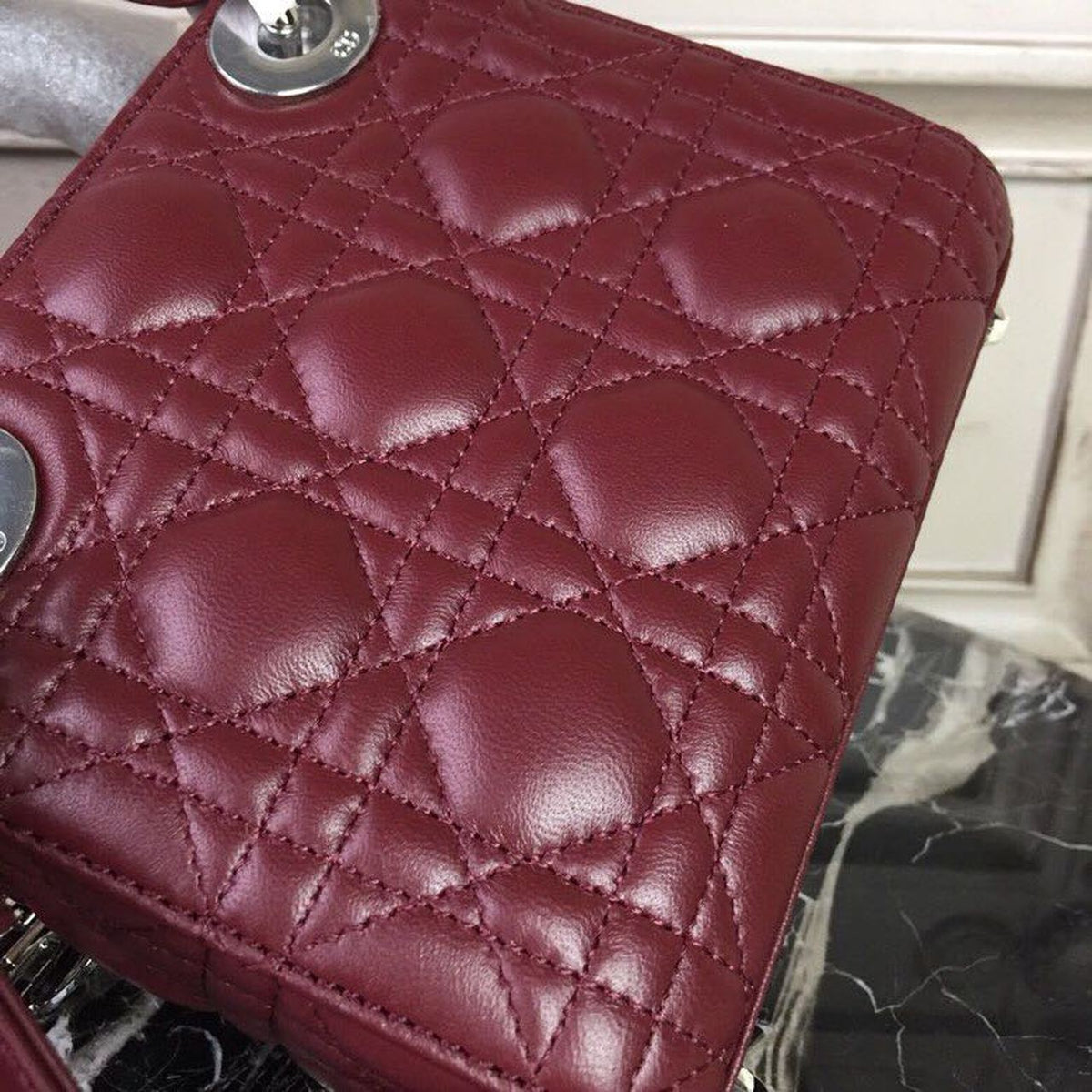 Christian Dior Mini Lady Dior Bag 18cm with Chain Silver Hardware Lambskin Leather Spring/Summer Collection, Burgundy –…