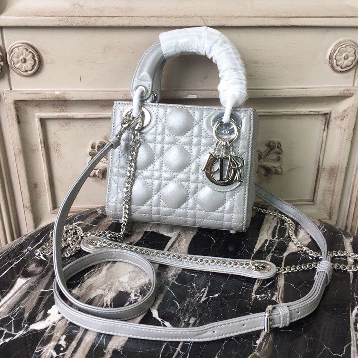 Christian Dior Mini Lady Dior Bag 18cm with Chain Silver Hardware Lambskin Leather Spring/Summer Collection, Pearl Gold –…