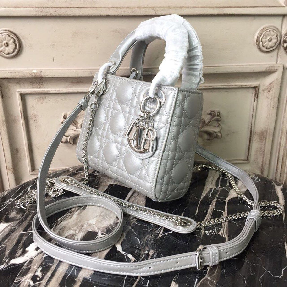 Christian Dior Mini Lady Dior Bag 18cm with Chain Silver Hardware Lambskin Leather Spring/Summer Collection, Pearl Gold –…