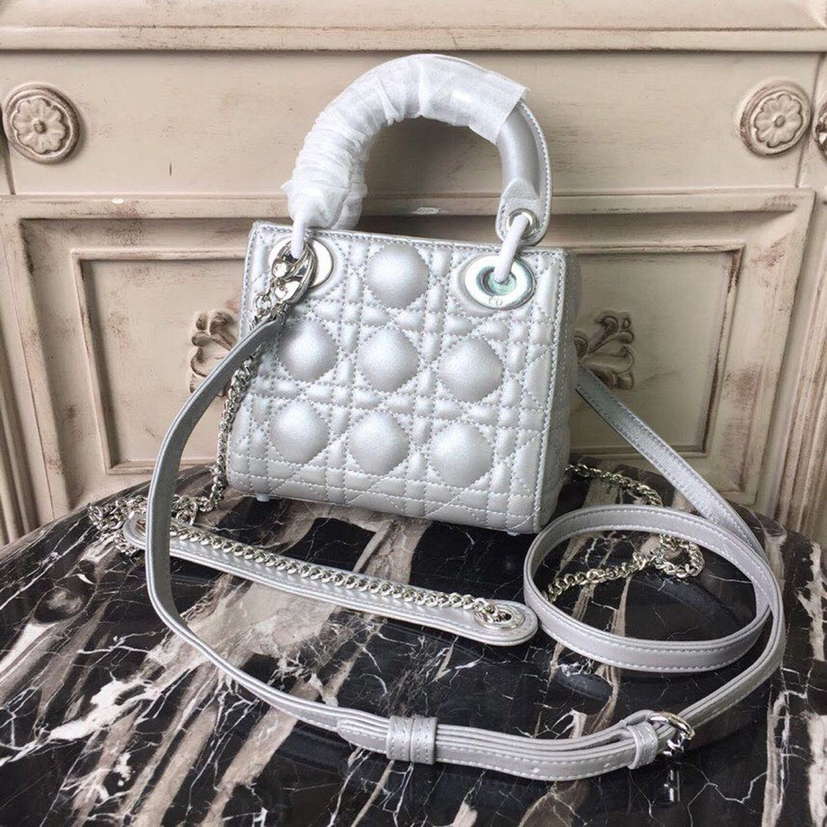 Christian Dior Mini Lady Dior Bag 18cm with Chain Silver Hardware Lambskin Leather Spring/Summer Collection, Pearl Gold –…