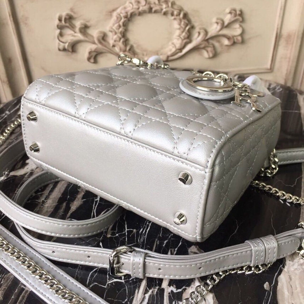 Christian Dior Mini Lady Dior Bag 18cm with Chain Silver Hardware Lambskin Leather Spring/Summer Collection, Pearl Gold –…