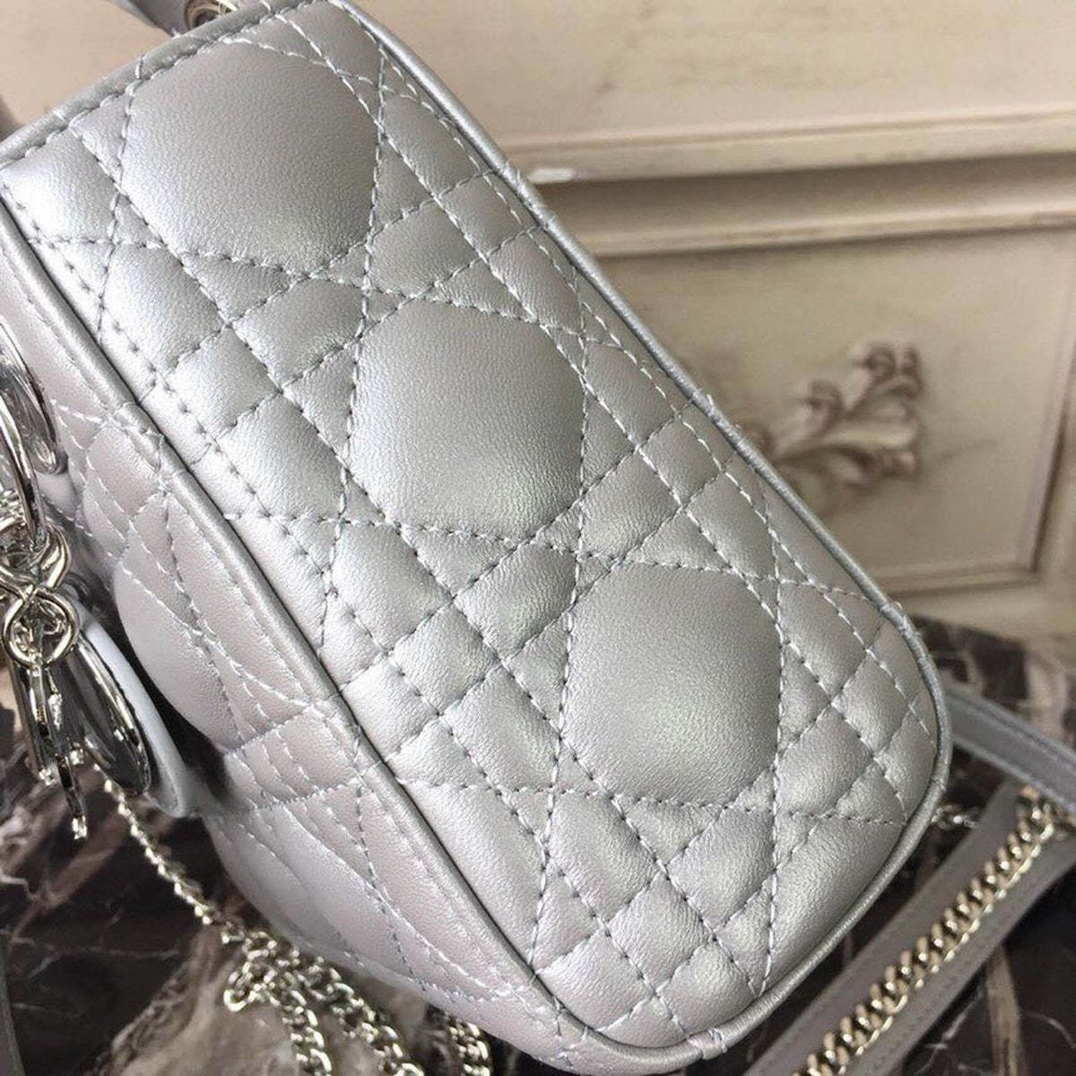 Christian Dior Mini Lady Dior Bag 18cm with Chain Silver Hardware Lambskin Leather Spring/Summer Collection, Pearl Gold –…