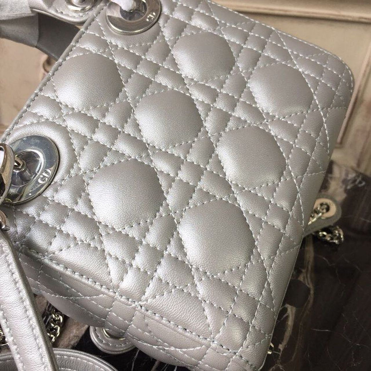 Christian Dior Mini Lady Dior Bag 18cm with Chain Silver Hardware Lambskin Leather Spring/Summer Collection, Pearl Gold –…