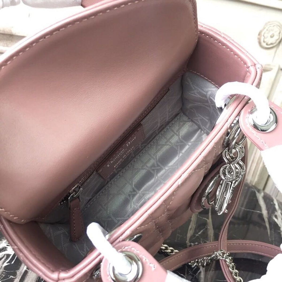 Christian Dior Mini Lady Dior Bag 18cm with Chain Silver Hardware Lambskin Leather Spring/Summer Collection, Dusty Pink –…