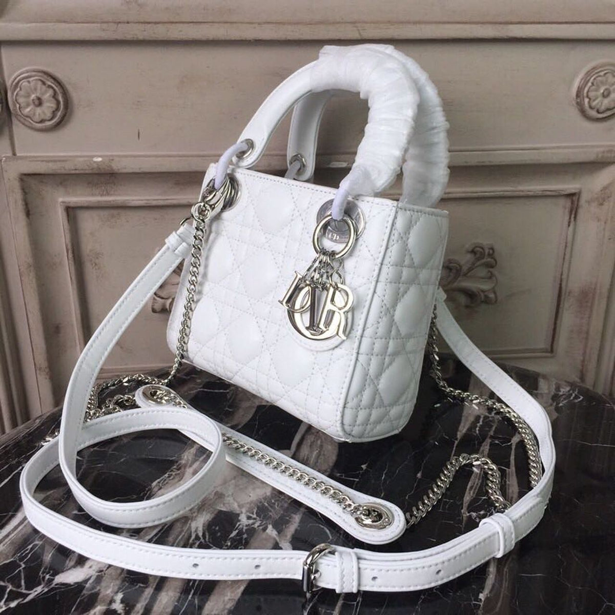 Christian Dior Mini Lady Dior Bag 18cm with Chain Silver Hardware Lambskin Leather Spring/Summer Collection, White – product…