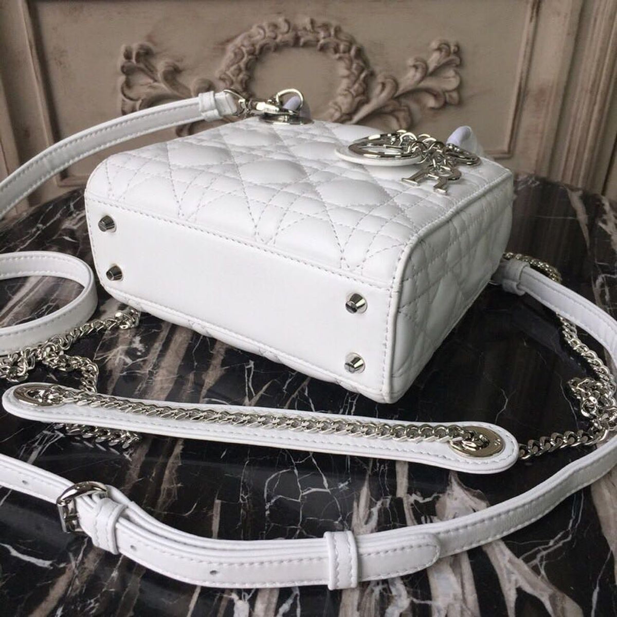 Christian Dior Mini Lady Dior Bag 18cm with Chain Silver Hardware Lambskin Leather Spring/Summer Collection, White – product…