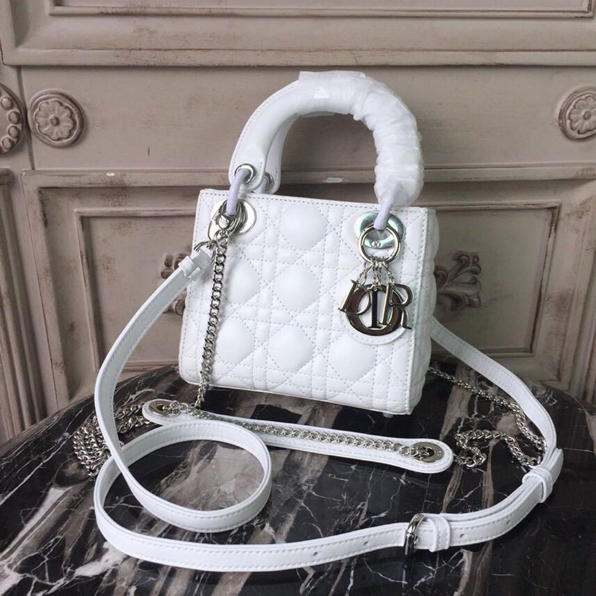 Christian Dior Mini Lady Dior Bag 18cm with Chain Silver Hardware Lambskin Leather Spring/Summer Collection, White – product…