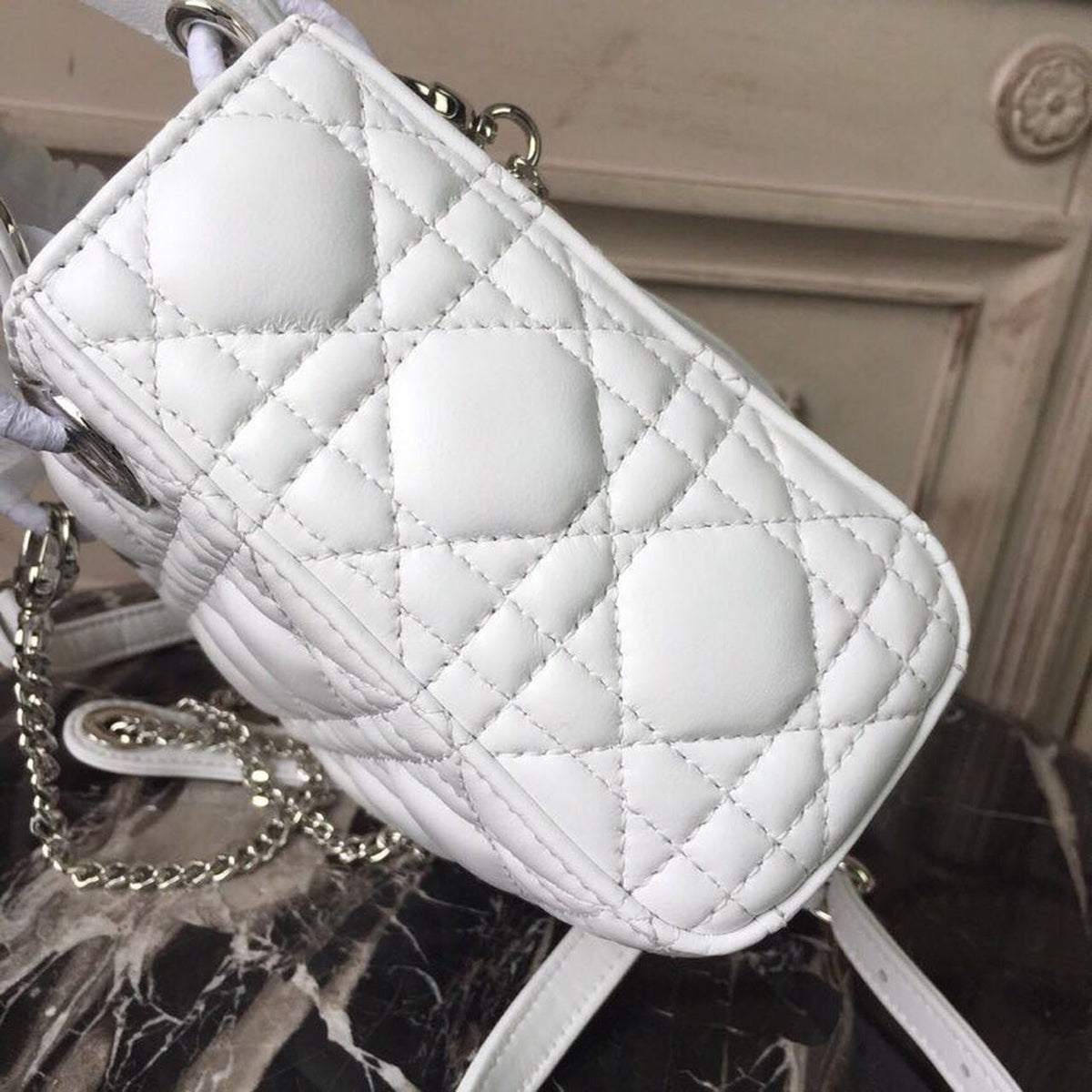 Christian Dior Mini Lady Dior Bag 18cm with Chain Silver Hardware Lambskin Leather Spring/Summer Collection, White – product…