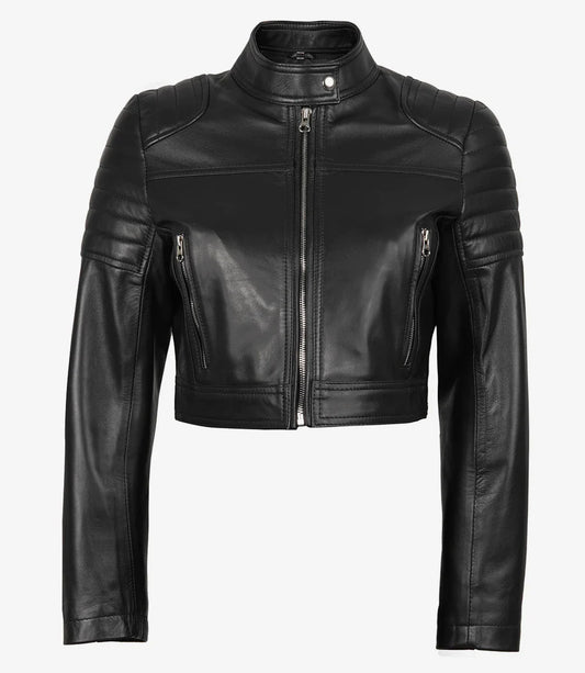 Jacketcart Women's Black Cropped Biker Style Real Leather Jacket