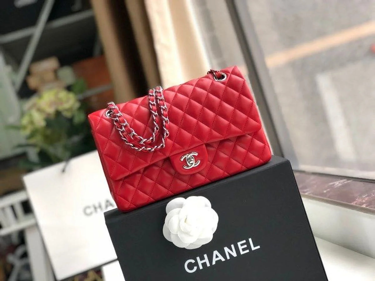 Chanel Classic Flap Bag 25cm Lambskin Leather Silver Hardware Red