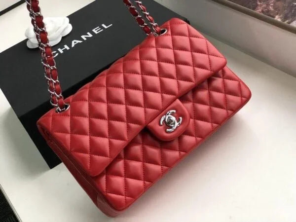 Chanel Classic Flap Bag 25cm Lambskin Leather Silver Hardware Red