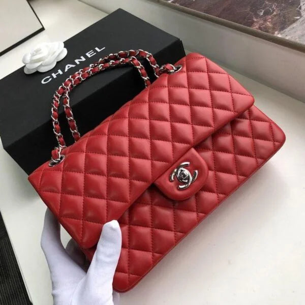 Chanel Classic Flap Bag 25cm Lambskin Leather Silver Hardware Red