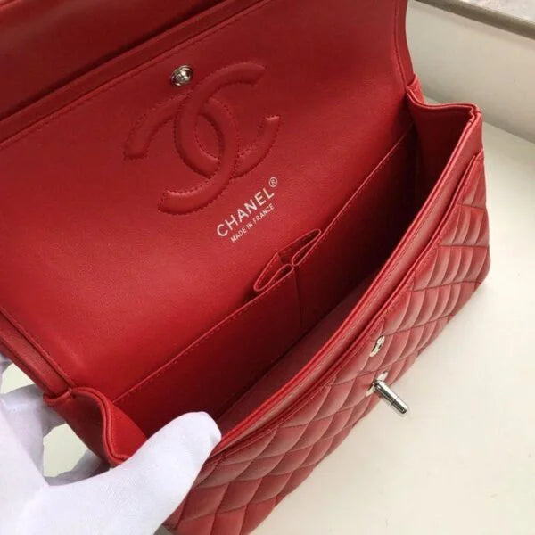 Chanel Classic Flap Bag 25cm Lambskin Leather Silver Hardware Red