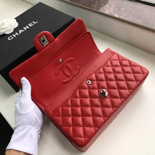 Chanel Classic Flap Bag 25cm Lambskin Leather Silver Hardware Red