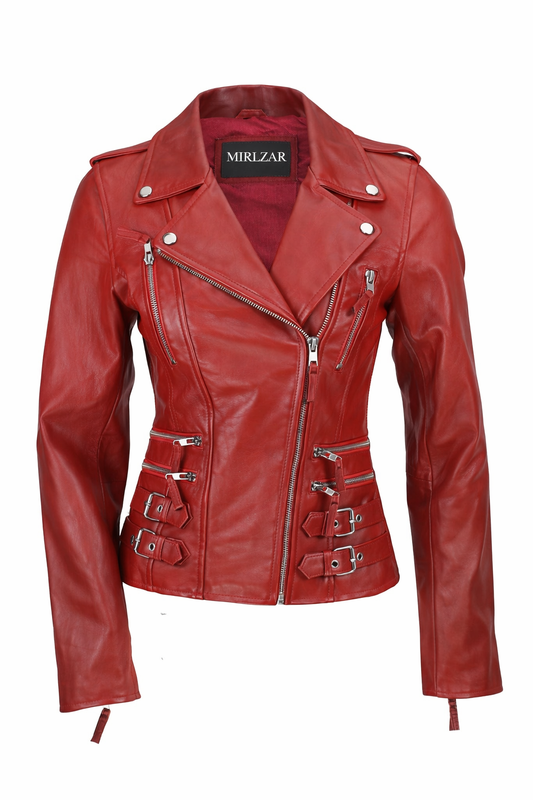 Jacketcart Women’s Buckle Detail Leather Biker Jacket